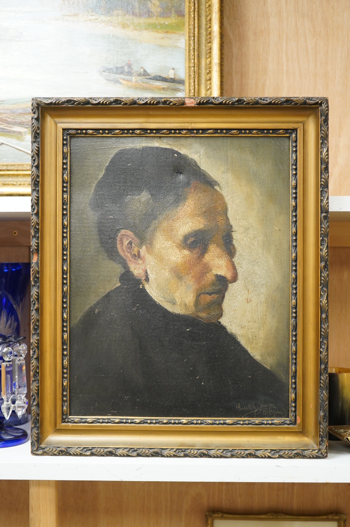 Erdelyi?, Portrait of an elderly lady, indistinctly signed and dated 1921 lower right, oil on board, probably Hungarian, 40 x 32cm